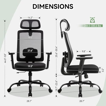 Office Chair with Mesh High Back, Ergonomic Office Desk Chair with Adjustable Lumbar Support, Rolling Work Chairs with Wheels and 3D Headrest, Black - color: Black