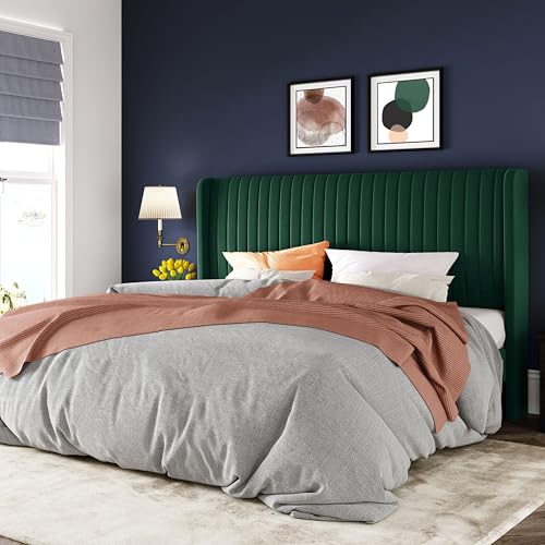 Allewie King Size Bed Frame/Velvet Upholstered Platform Bed/Vertical Channel Tufted Wingback Headboard/Strong Wooden Slats/No Box Spring Needed/Easy Assembly/Green - color: Green, size: King