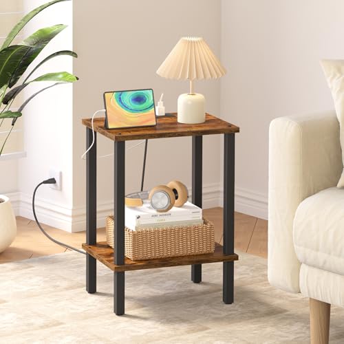 TUTOTAK End Table with Charging Station, Side Table Set of 2, Nightstand | 2-Tier Storage Shelf, Bedside Table with USB Ports, Sofa Table for Small Space Livingroom Bedroom Brown and Black TB01BB041 - color: Brown
