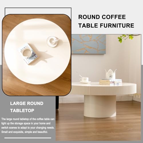 Round Fluted Drum Coffee Table with Pedestal Base | 30.7'' Modern White Wooden Drum Center Table, Handcrafted Wood Fluted Edge, For Living Room & Apartment - color: White Thin