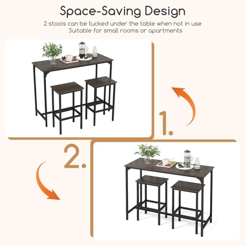 COSTWAY 3-Piece Dining Table Set, 47.5" Industrial Counter-Height Kitchen Table and 2 Bar Stools, High Top Rectangular Pub Table and Chairs for Dining Room Small Place Breakfast Nook Bistro (Grey) | w/ 2 Bar Stools, High Top Rectangular Pub Table and Chai