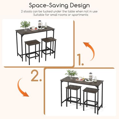COSTWAY 3-Piece Dining Table Set, 47.5" Industrial Counter-Height Kitchen Table and 2 Bar Stools, High Top Rectangular Pub Table and Chairs for Dining Room Small Place Breakfast Nook Bistro (Grey) | w/ 2 Bar Stools, High Top Rectangular Pub Table and Chai