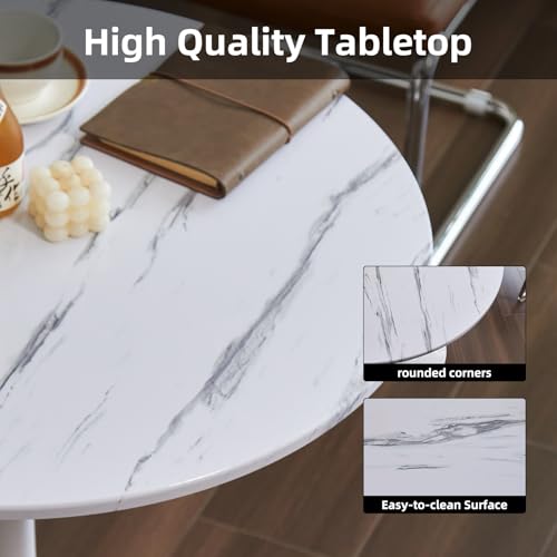 Round Dining Table, 31.5" Circle Tulip Table with Thickened Tabletop & Metal Pedestal, Mid Century Modern Bistro Table for Kitchen, Small Places, Living Room, Cafe (Faux Marble White) - color: Faux Marble White, size: 31.5"