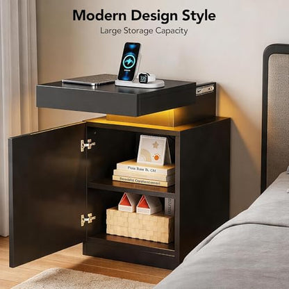Nightstands Set of 2, 17.7 Inches LED Night Stand Set 2 with Power Outlets, Bedside Table with Sliding Top Storage, Modern End Table for Bedroom, Black - color: Black-17.7"