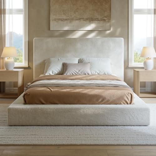 Evermagin White Queen Upholstered Cloud Bed Frame with Headboard | Soft Frame Cloud Bed with 2 Tray Tables, Modern Platform Cushion Bed Frame for Bedroom, No Box Spring Required Easy Assembly - size: Queen