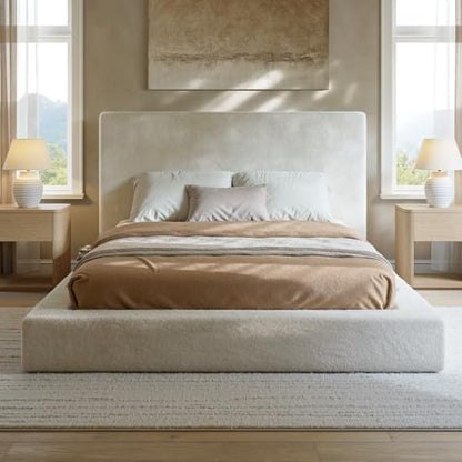 Evermagin White Queen Upholstered Cloud Bed Frame with Headboard | Soft Frame Cloud Bed with 2 Tray Tables, Modern Platform Cushion Bed Frame for Bedroom, No Box Spring Required Easy Assembly - size: Queen