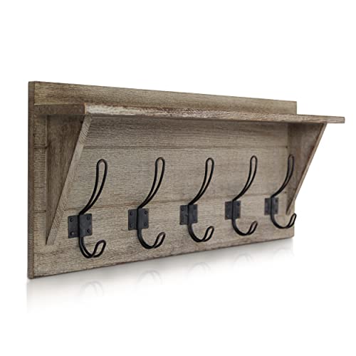 HBCY Creations Rustic Wall Mounted Coat Rack with Shelf - Solid Wood 24" Entryway Shelf with 5 Coat Hangers. Perfect Touch for Your Entryway, Mudroom, Kitchen, Bathroom and More, Weathered Brown - color: 5- Weathered Brown