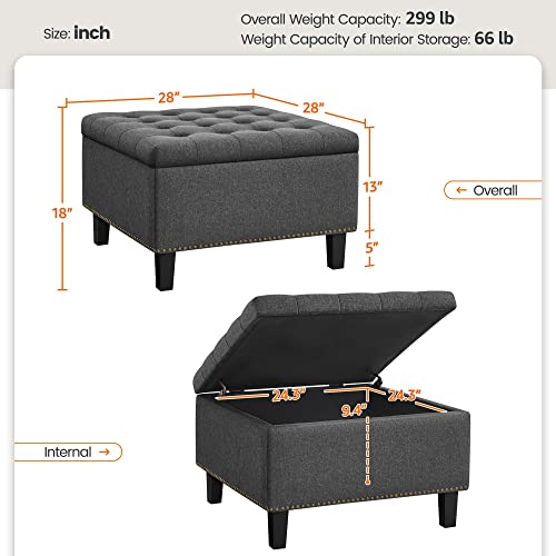 Yaheetech 28in Square Storage Ottoman Coffee Table with Nailhead, Dark Gray | Button-Tufted Linen-Look Fabric Bench, 3.2C Storage Space, Wood Legs, Metal Hinges, for Bedroom Foot of Bed Living Room - size: 28"D x 28"W x 18"H