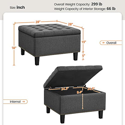 Yaheetech 28in Square Storage Ottoman Coffee Table with Nailhead, Dark Gray | Button-Tufted Linen-Look Fabric Bench, 3.2C Storage Space, Wood Legs, Metal Hinges, for Bedroom Foot of Bed Living Room - size: 28"D x 28"W x 18"H