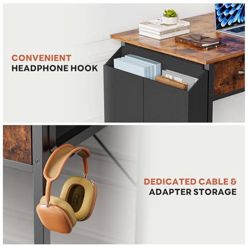 DUMOS 32" Home Office Computer Desk with Drawers, Small Gaming Writing Study Table with Storage Side Bag, Headphone Hook and Adjustable Feet for Bedroom Rustic Brown | Small Writing Desk for Home Office with Headphone Hook, Compact Study Table for Bedroom