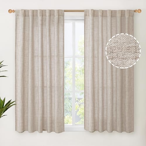 YoungsTex Linen Curtains 48 Inch Length, Shor Drapes Semi Sheer for Window | Rod Pocket Back Tab Beige Light Filtering Natural Textured for Bathroom Bedroom Living Room Windows, 2 Panels, 42 X 48 Inch - color: Natural, size: 42"W x 48"L (Pack of 2)