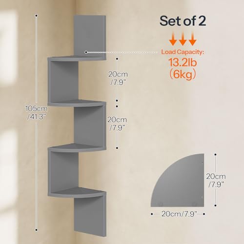 HOOBRO Corner Shelf Wall-Mounted, Set of 2 Floating Corner Shelves for Wall, 4-Tier Bookshelves for Wall Decor in Living Room, Bedroom, Home Office, Dove Gray GY25BJP201 - color: Dove Gray, size: 41.3 Inches