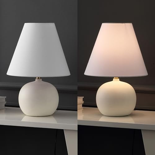 JONATHAN Y Asher 18.25" Gourd LED Table Lamp, Matte Cream, Set of 2 | Scandinavian Minimalist Style, White Linen Shade, Resin Metal Base, Bedside Nightstand, Rotary Switch, LED Bulbs Included - color: Matte Cream