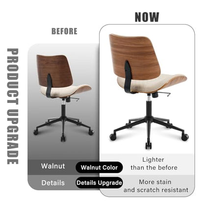 Home Office Chair No Arms with Wheels, Adjustable Height Small Desk Chair, PU Leather Mid Back 360 Swivel Computer Chair, Armless Modern Walnut Chair for Office, Reading Meeting Room(Beige) | Adjustable Height Small Desk Chair, PU Leather Mid Back 360 Swi