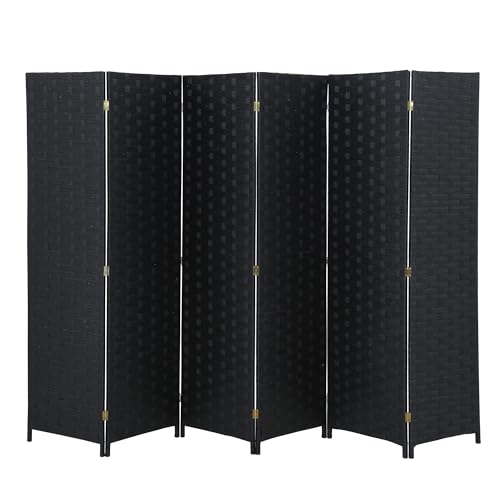 FDW Room Divider 6 Panels Wood Mesh Hand-Woven Design Indoor Folding Portable Partition Screen, Coal Black - color: Coal Black, size: 6 Panel