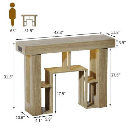 43.3" Console Table with Charging Station & USB-C Port, Behind Couch Sofa Table with LED Lights Narrow Entryway Table for Entrance Living Room Hallway Foyer, Oak - color: Oak