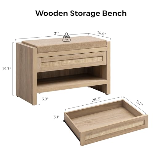 SICOTAS Rattan Shoe Bench Entryway Bench with Storage Drawer, Linen Cushion | Farmhouse Boho Shoe Rack Bench with Shelf, Wooden Storage Bench for Entryway Hallway and Bedroom, Light Oak - color: Reclaimed Light Oak, size: 1 Piece