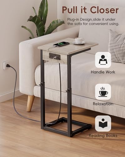 C Shaped End Table with Charging Station, Adjustable Height Side Table for Couch, C Table End Table Couch Table that Slide Under, Sofa Table TV Tray Arm Tables for Living Room, Bedroom, Gray - color: Greige, style: Charging Station