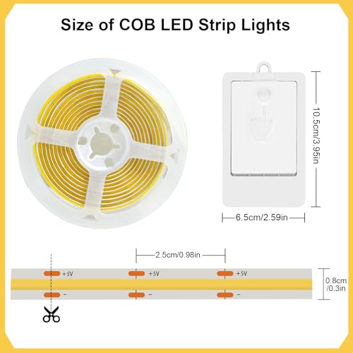 BSGlobal 2 Pack COB LED Strip Light, 6.6ft 640 LED Battery Powered LED Strip Lights, Flexible Cuttable Wireless Click Light for Cabinet, Wardrobe, Kitchen, Bedroom 6000K Cool White | 640 LED High Bright Strip Lights, Flexible Cuttable Wireless Click Light
