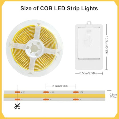 BSGlobal 2 Pack COB LED Strip Light, 6.6ft 640 LED Battery Powered LED Strip Lights, Flexible Cuttable Wireless Click Light for Cabinet, Wardrobe, Kitchen, Bedroom 6000K Cool White | 640 LED High Bright Strip Lights, Flexible Cuttable Wireless Click Light