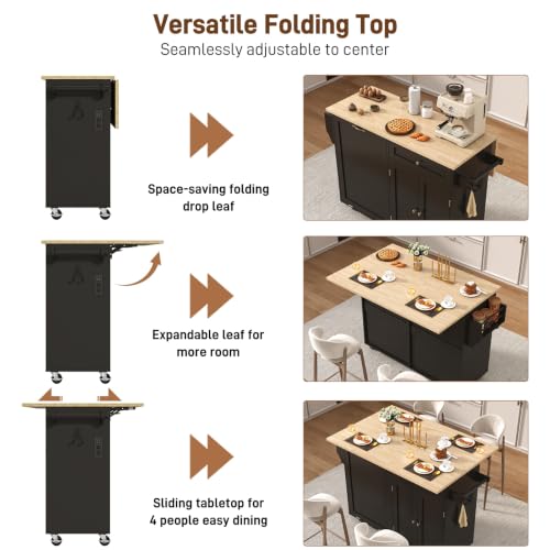 chartustriable 51" Kitchen Island with Drop Leaf,Kitchen Island Cart W/Rolling Trash Cabinet,Folding Drop Leaf,2 Drawers,Movable Carts on Wheels with Spice Rack&Towel Rack for Home, Dining Room - color: Black, size: 29.5"D x 51.2"W x 35.8"H