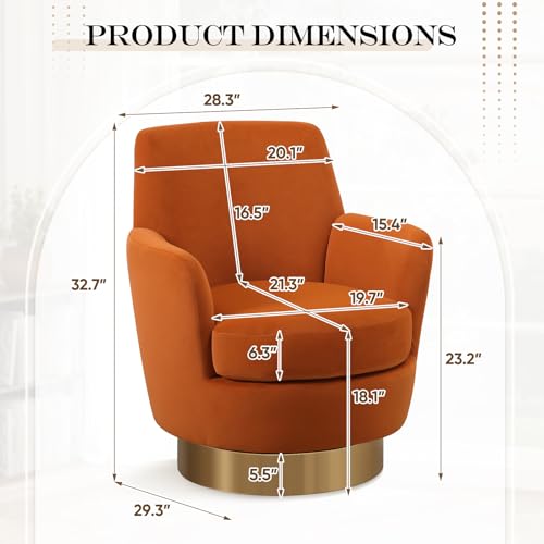 360° Swivel Barrel Chair Set of 2, 28.3" Modern Velvet Round Accent Chair, Comfy Upholstered Small Armchair with Gold Metal Base for Living Room Bedroom Nursery Office Sillas para Sala, Orange - color: Orange, size: 28.3" W