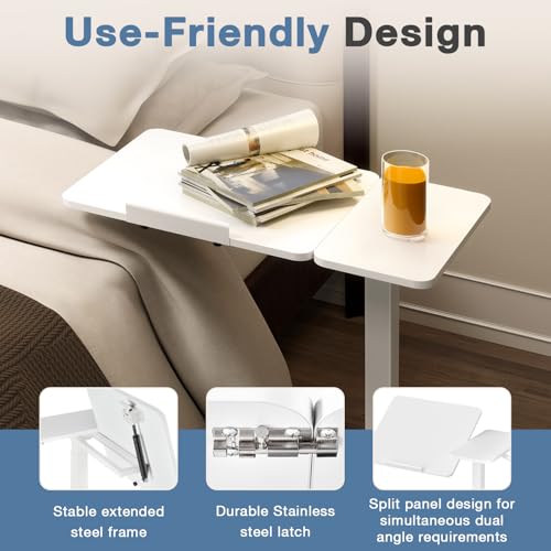 DUMOS Adjustable Bedside Overbed Table with Wheels, White | Laptop Standing Desk with Tilting Top Height, Mobile Rolling Computer Cart for Hospital Home Bedroom Use - color: White, size: 27.4" x 15.7" x 43.3"