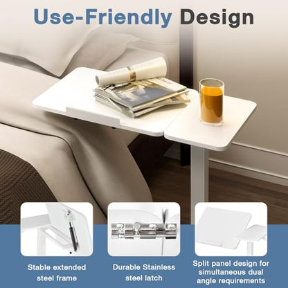 DUMOS Adjustable Bedside Overbed Table with Wheels, White | Laptop Standing Desk with Tilting Top Height, Mobile Rolling Computer Cart for Hospital Home Bedroom Use - color: White, size: 27.4" x 15.7" x 43.3"