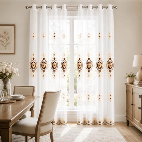 Simple Chenille Jacquard Sheer Window Elegance Curtains/Drapes/Panels/Treatments for Bedroom Living Room, 60W x 106L, Top Grommets(2 Panels) - color: Coffee-sheer, size: 60"W x 106"L (Pack of 2)