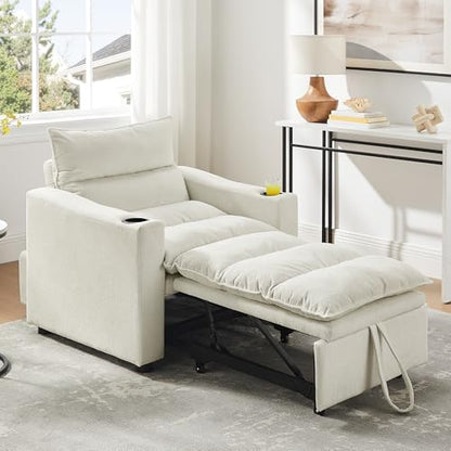 Eafurn 3-in-1 Convertible Sleeper Chair Bed Recliner Daybed w/Adjustable Backrest, Velvet Upholstered Pull Out Reading Chairs Modern Futon w/Cup Holders for Small Spaces Living Room - color: Beige 36.14"