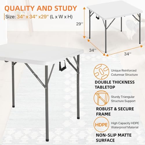 34" Square Folding Table Fold-in-Half Utility Dining Portable Table Heavy Duty HDPE with Carrying Handle, Plastic Tables for Camping,Picnic, Office, Party,Card Table (White) - color: 34"- White(square)