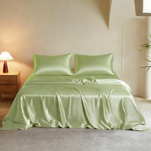 THXSILK Luxury Full Silk Duvet Cover Set 3 Pieces, Extra Soft, Breathable & Cooling Bedding Set, Machine Washable & Durable, 1 Duvet Cover & 2 Pillowcases with Zipper Closure(Mint Green) - color: Mint Green, size: Full (3 pcs)
