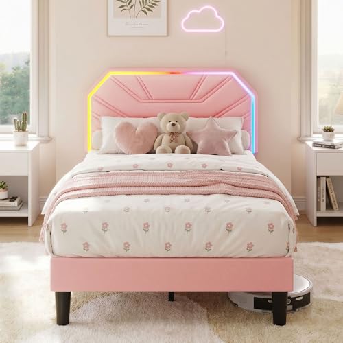LIKIMIO Upholstered Twin Bed Frames with LED Light Headboard | Modern Cama Twin Platform Bed Frame with Heavy Duty Supports, No Box Spring Need, Noise Free, Easy Assembly, Princess Pink - color: Princess Pink, size: Twin