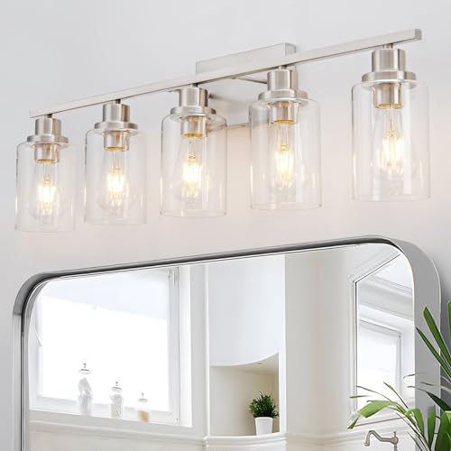 5 Light Bathroom Light Fixtures Brushed Nickel Vanity Light Over Mirror Modern Farmhouse Wall Lighting Sconces Wall Lamp for Bathroom, Bedroom, Living Room E26 Socket with Glass Shade - color: Brushed Nickel, size: 5 Light