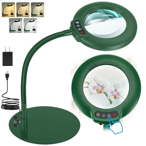 IVMAIE 12X Magnifying Glass with Light, Real Glass Lens, 5 Color Modes Dimmable, Flexible Gooseneck Lighted Magnifier with Stand, LED Desk Lamp Hands Free for Crafts Painting Reading Close Work, Green - color: Green