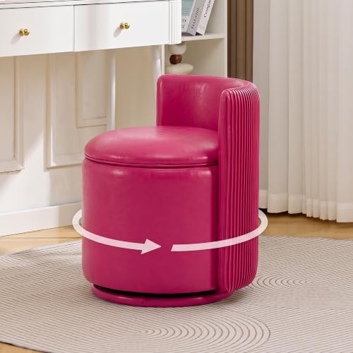 Leather Vanity Chair with Storage, 360° Swivel Makeup Chair, Fuchsia Pink | Modern Vanity Stool with Pleated Back, No Assembly Barrel Upholstered Closet PU Stool for Bedroom, Dressing Room, Living Room - color: Fuchsia Pink-pu, size: Regular