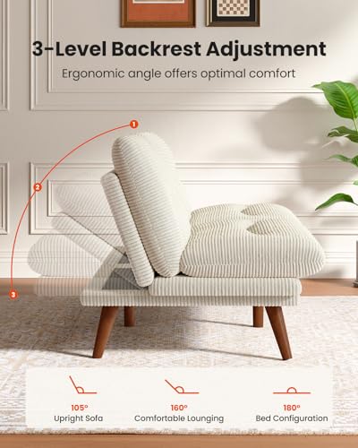 AMADA 66"Convertible Futon Sofa Bed, Corduroy Folding Futon Set with Adjustable Backrest &Armrests, Recliner Lounge for Living Room, Apartment or Office, Solid Wood Frame, Loveseat Sofa - Beige White