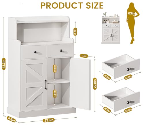 Farmhouse Bathroom Storage Cabinet with 2 Drawers & 2 Doors, Kitchen Cabinet Cupboard with Adjustable Shelves, Floor Storage Cabinet for Kitchen/Living Room/Bedroom, White