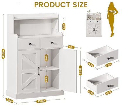 Farmhouse Bathroom Storage Cabinet with 2 Drawers & 2 Doors, Kitchen Cabinet Cupboard with Adjustable Shelves, Floor Storage Cabinet for Kitchen/Living Room/Bedroom, White