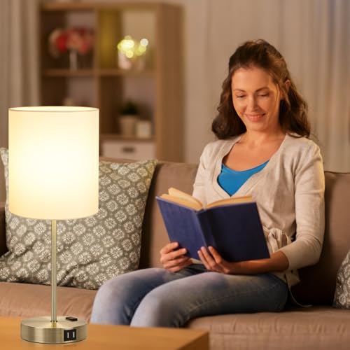 Lynnoland Set of 2 Touch Control Table Lamps with 2 USB & AC Outlet, 3-Way Dimmable Bedside Nightstand Lamps for Bedroom Living Room Nursery, 800 Lumens 3000K Warmlight Bulbs Included - color: (2 Pack)White & Brass(Base)-3000K Bulbs Included