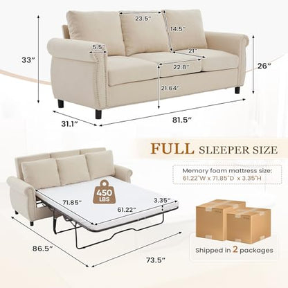 Queen Sleeper Loveseat Sofa Bed, 3 in 1 Convertible Pull Out Couch Bed with Thick Memory Foam Mattress Included, 3 Seater Upholstered RV Furniture Living Room Apartment Small Space (Cream Linen)
