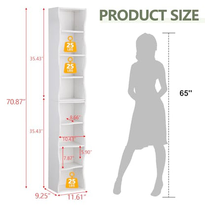 Skinny Tall Bookshelf, 8 Tiers Ultra Slim Bookshelf, Tall Narrow Bookcases, for Living Room, Office, Small Space, Adjustable Shelves, A Wavy Border Design, 11.6'' X 9.3'' X 70.9'' (White) - color: White
