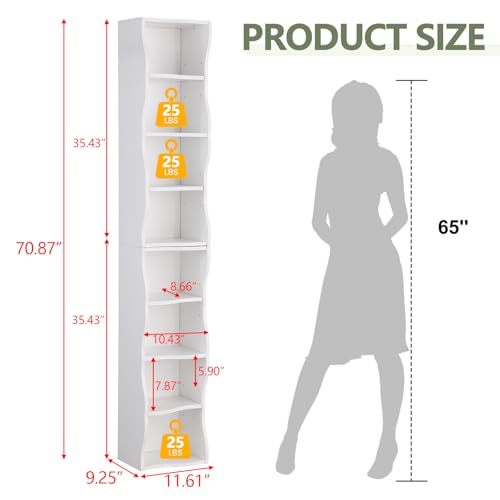 Skinny Tall Bookshelf, 8 Tiers Ultra Slim Bookshelf, Tall Narrow Bookcases, for Living Room, Office, Small Space, Adjustable Shelves, A Wavy Border Design, 11.6'' X 9.3'' X 70.9'' (White) - color: White