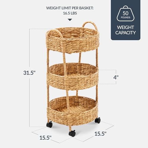 Best Choice Products 3-Tier Round Rolling Nursery Caddy w/Wheels, Handwoven Utility Cart, Storage Organization for Bathroom, Craft Room, Laundry Room - Natural - color: Natural