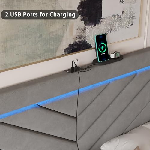 Full Size Bed Frame with Adjustable Headboard and Storage Drawer, Upholstered Bed Frame Full with RGB LED Lights and Charging Station, Easy Assembly, No Box Spring Needed, Grey - color: Grey, size: Full