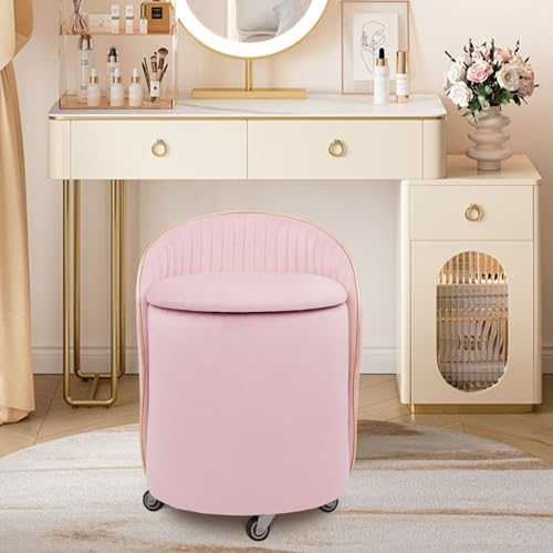 Round Storage Ottoman, Upholstered Velvet Vanity Stool with Lumbar Support, Swivel Rolling Wheels, Small Foot Stools Coffee Table Padded Seat for Makeup Room, Living Room, Bedroom (Pink) - color: Pink