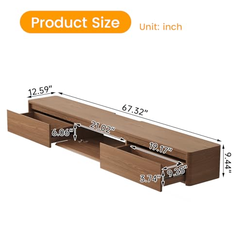 67.32" Floating TV Stand for TVs Up to 80", Walnut | Wall-Mounted Farmhouse Media Console with 3 Storage Drawers, Ideal for Living Room or Bedroom