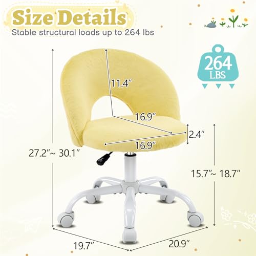 VINGLI Small Vanity Chair with Faux Fur Wheels for Girls,Cute Adjustable Height Armless Office Desk Chair,360°Swivel Comfy Rolling for Study,Make up Room,Small Space,Yellow - color: Furry Yellow