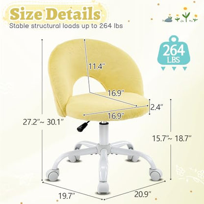 VINGLI Small Vanity Chair with Faux Fur Wheels for Girls,Cute Adjustable Height Armless Office Desk Chair,360°Swivel Comfy Rolling for Study,Make up Room,Small Space,Yellow - color: Furry Yellow