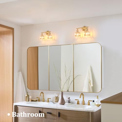 Shenmoyl Bathroom Light Fixtures, 2-Light Brass Vanity wall Light Over Mirror with Amber Tulip Glass Shade for Bedroom Living Room (Bulb Not Included) - color: Yellow Gold Base-Amber, size: 2-light